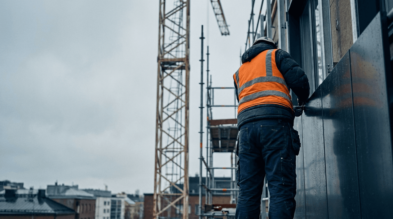 Rakennustyömaa pääkaupunkiseudulla, Helsingin siluetti taustalla